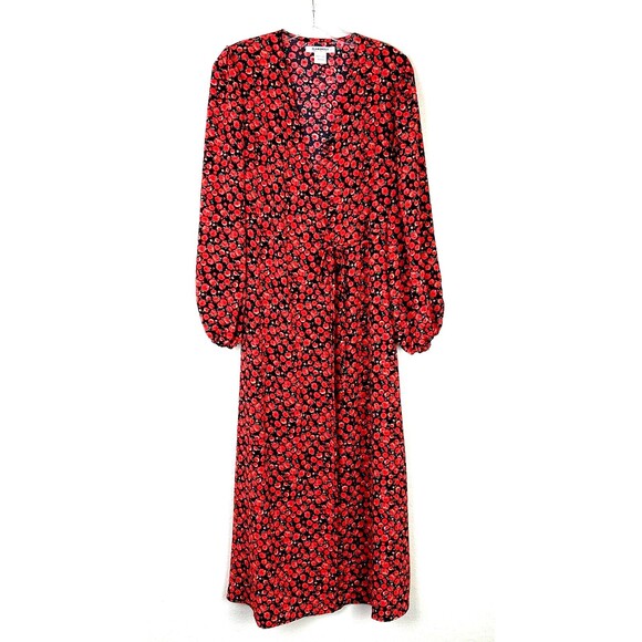 Glamorous Maxi Wrap Dress Size 4 Orange Black Floral Rose Balloon Sleeve - Picture 1 of 8